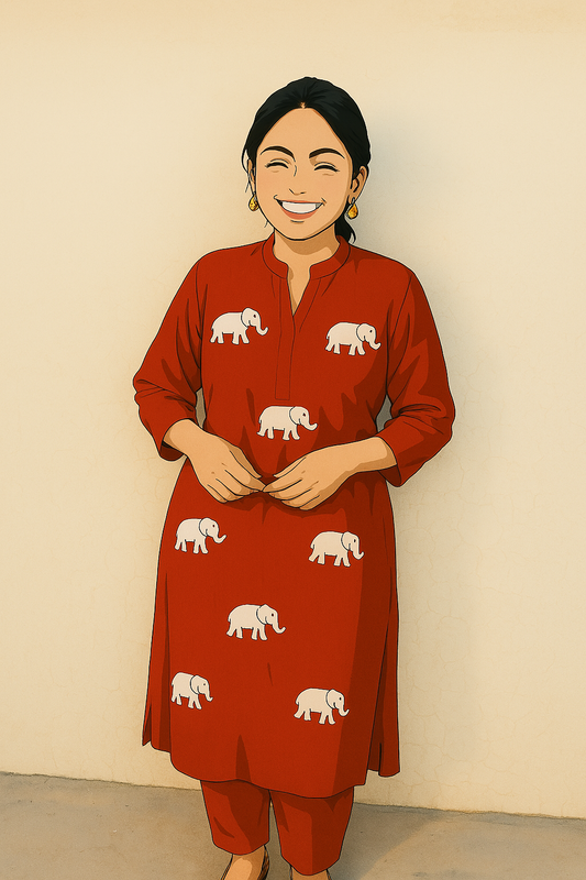 Flame Aurora Co-ord set | Cotton Slub | Elephant Embroidery