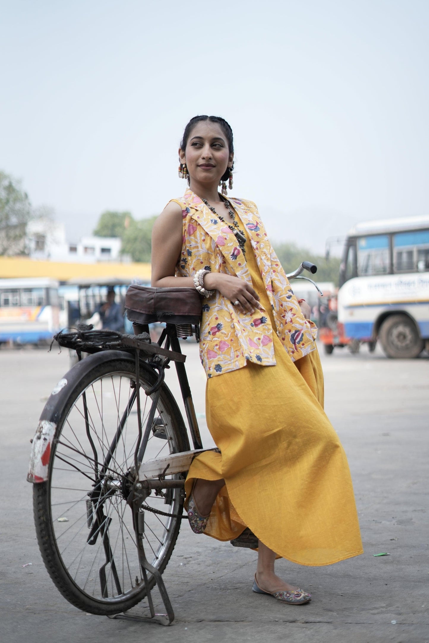 Sunlit Mustard Blazer Dress | Cotton Printed, Slub | Handblock