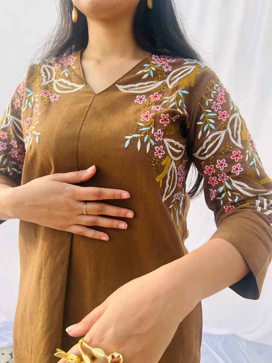 Desert Gold Co-ord Set | Cotton Flex | Floral Embroidery - Kharwals India