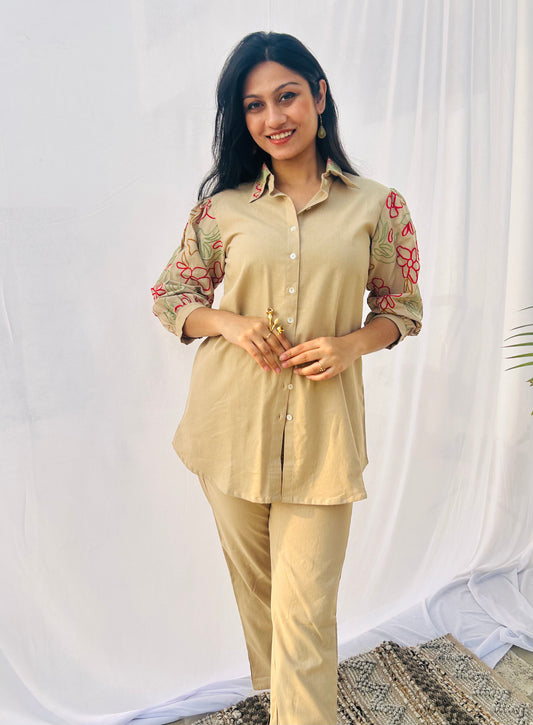 Beige Grace Shirt Pant Set | Premium Flex Cotton | Embroidery