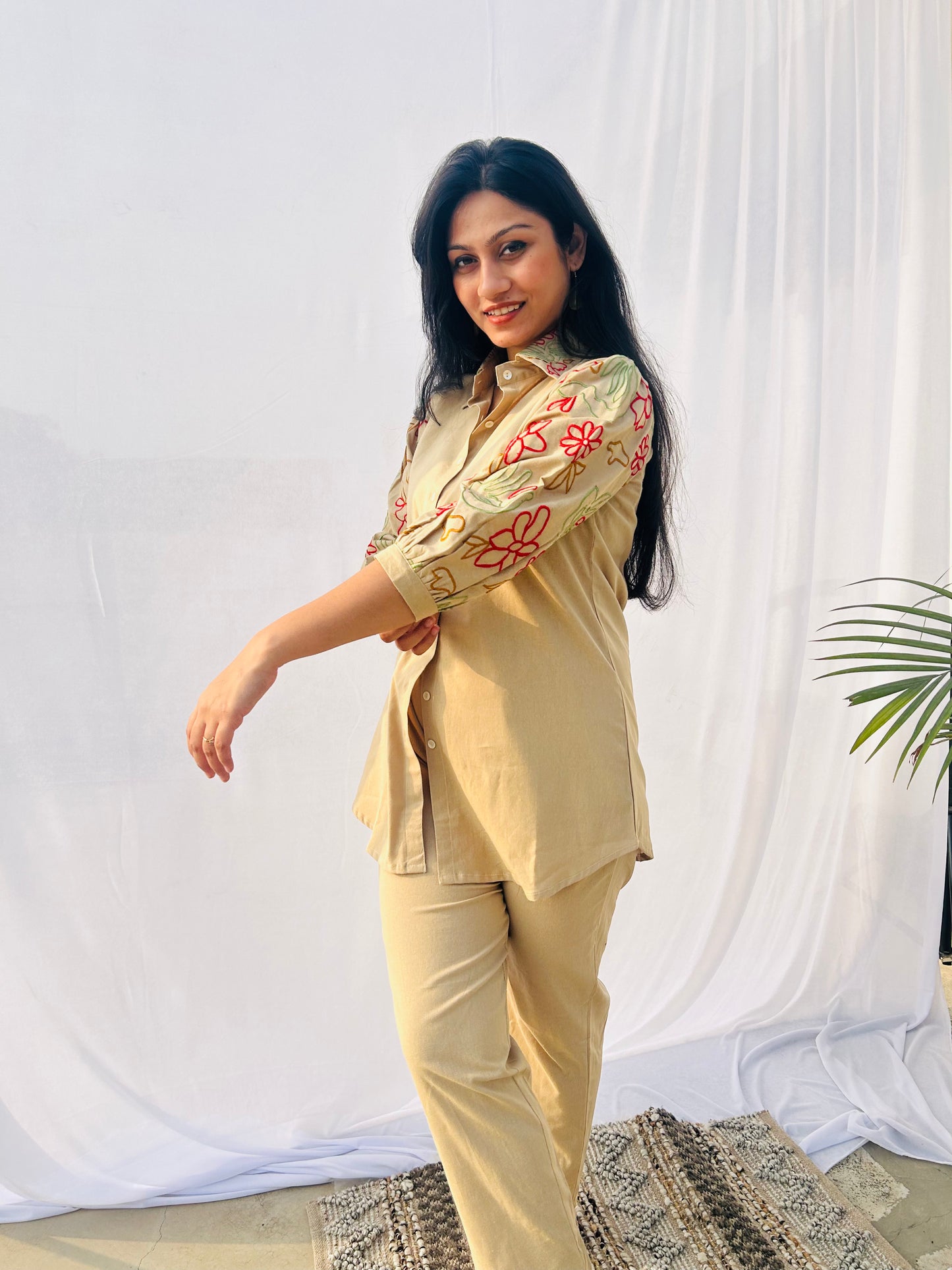 Beige Grace Shirt Pant Set | Premium Flex Cotton | Embroidery