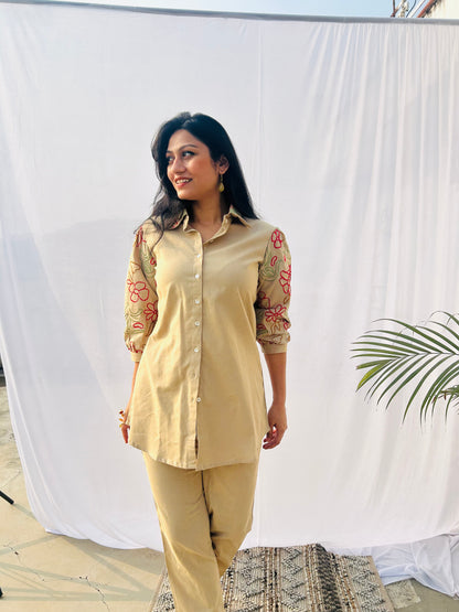 Beige Grace Shirt Pant Set | Premium Flex Cotton | Embroidery