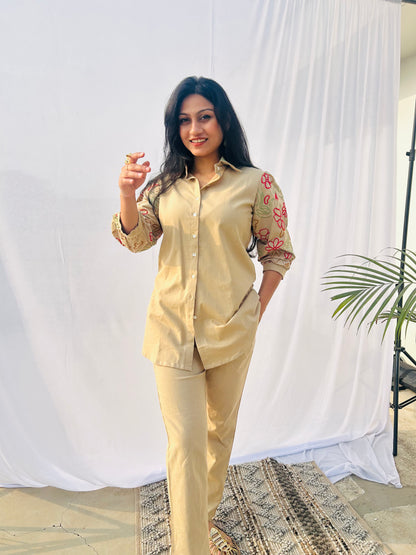 Beige Grace Shirt Pant Set | Premium Flex Cotton | Embroidery