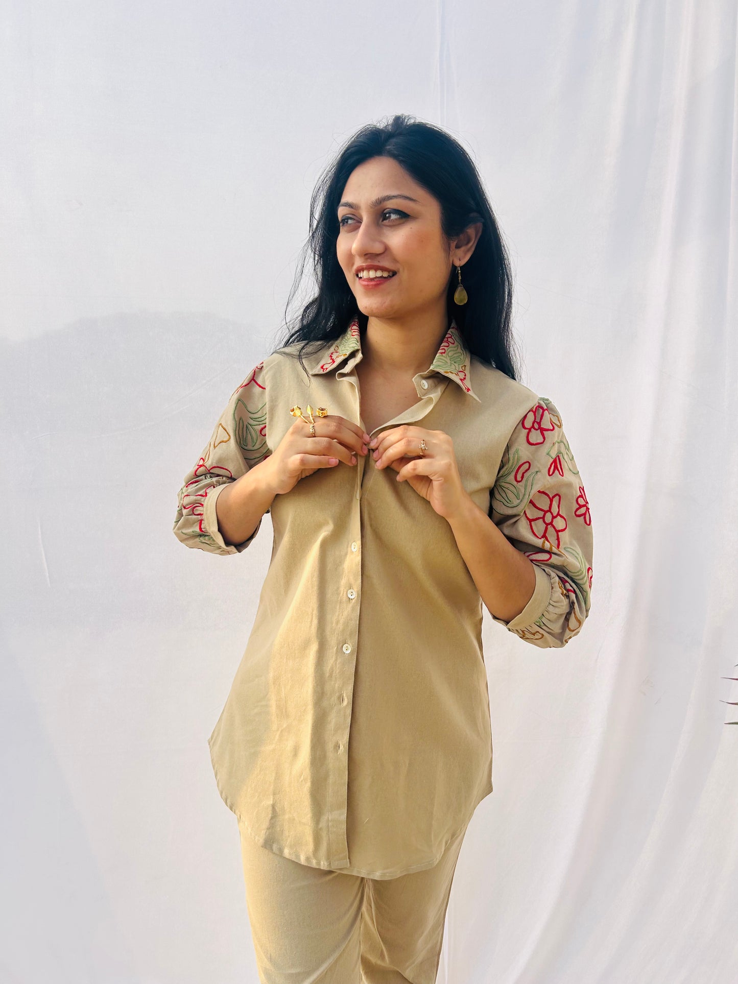 Beige Grace Shirt Pant Set | Premium Flex Cotton | Embroidery