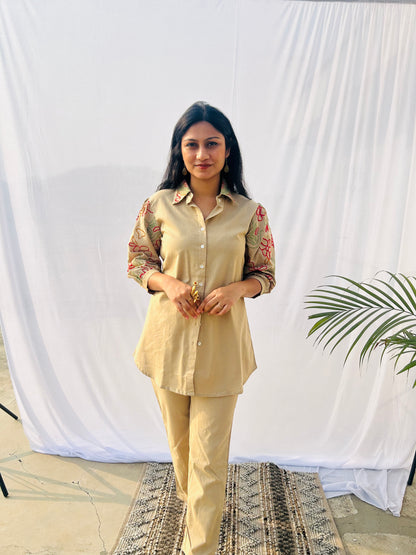 Beige Grace Shirt Pant Set | Premium Flex Cotton | Embroidery