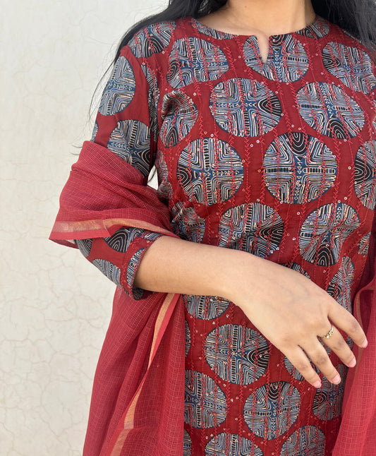 Garnet Orbit 3-Piece Suit | Self Embroidery | Ajrakh Motif