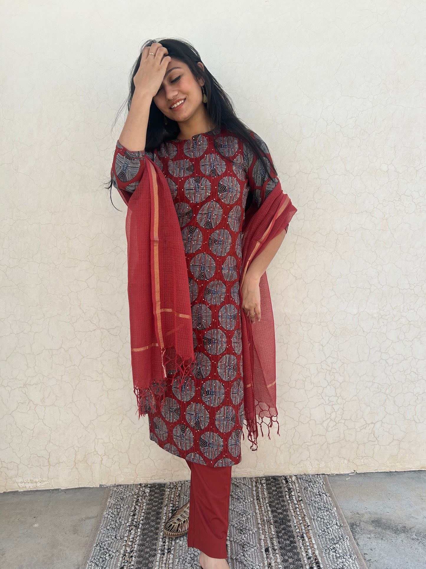 Garnet Orbit 3-Piece Suit | Self Embroidery | Ajrakh Motif