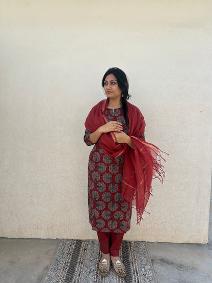 Garnet Orbit 3-Piece Suit | Self Embroidery | Ajrakh Motif