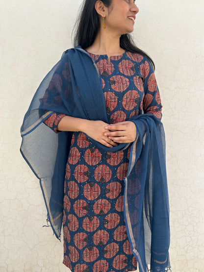 Moonlit Azure 3-Piece Suit | Self Embroidery | Ajrakh Motif