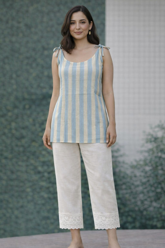 Knotted Sleeveless Striped Kurti